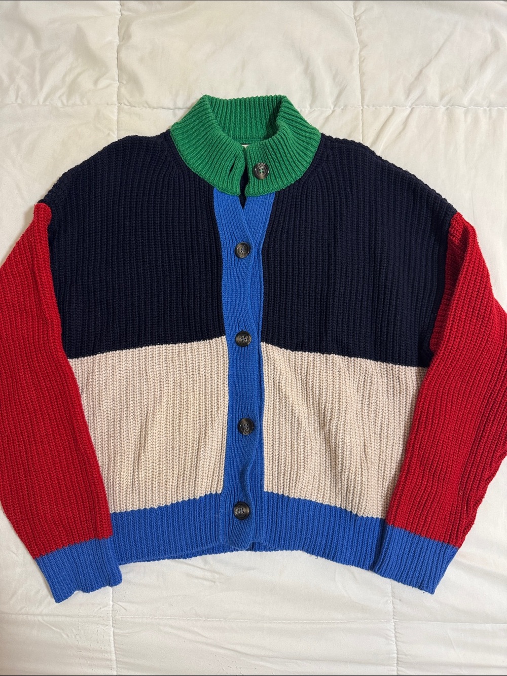 Bobo Choses Colorblock Button Chunky Knit Cardigan — Green, Navy, Ivory & Red